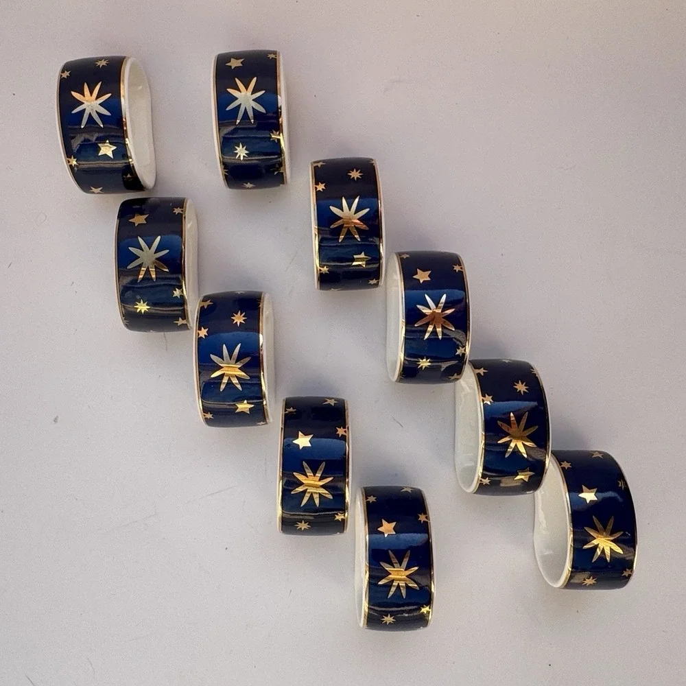 VTG 90s Sakura Napkin Rings Celestial Stars (10) Porcelain 14K Gold Night Sky